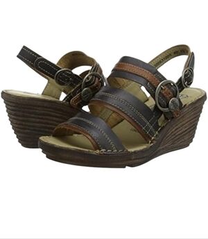 Fly London Women Salm Ankle Leather Wedge Sandals shoes sz 39/8-8.5